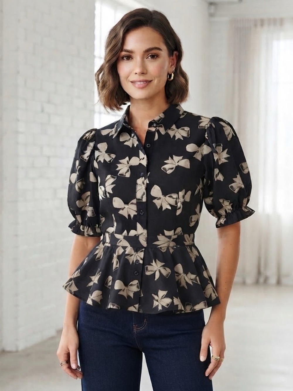 Gracia Black & White Bow Print Peplum Blouse Large button front Size Large